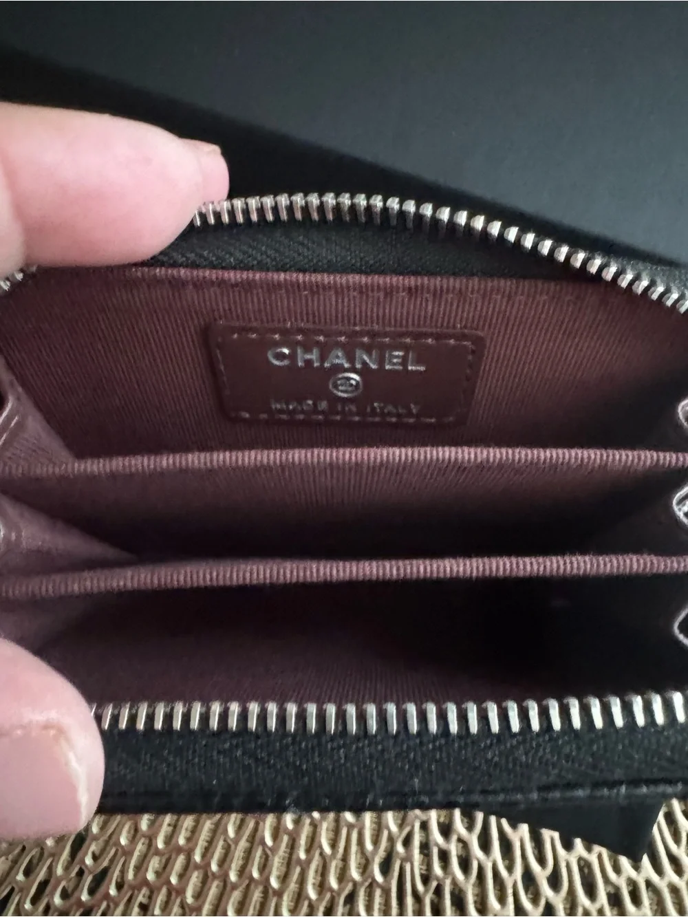 CHANEL Black Quilted Caviar Leather Zip Card Wallet with Silver CC
